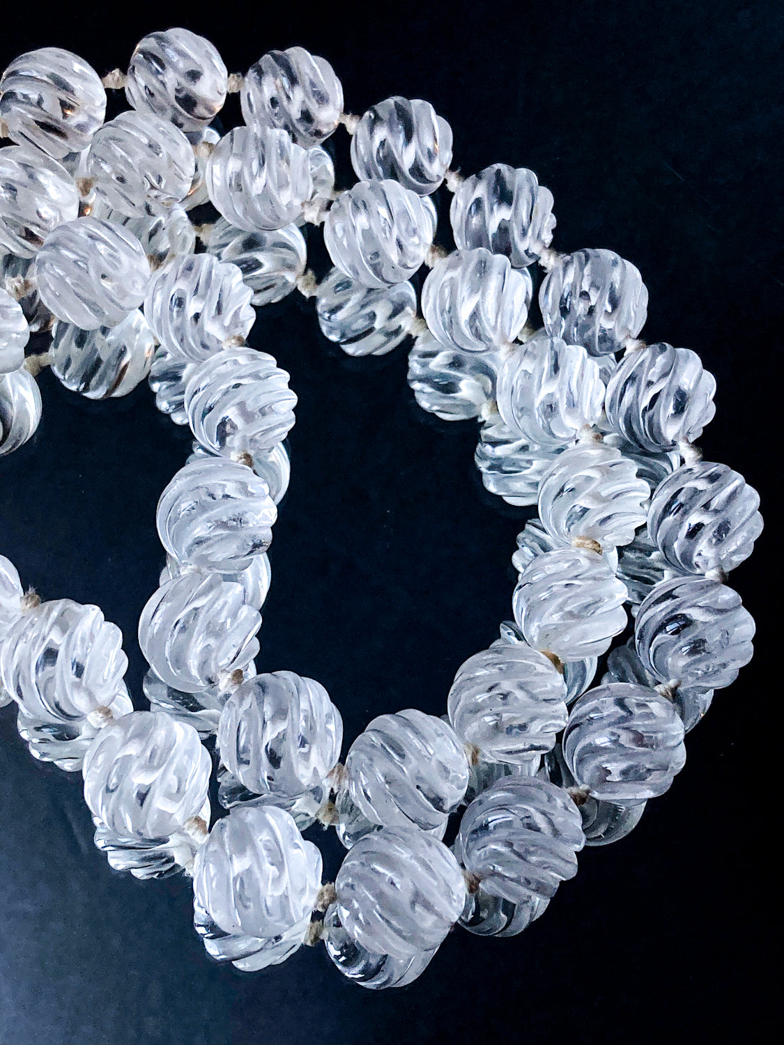Spiral Carved Rock Crystal Hand Knotted 32" Long Beaded Rope Necklace