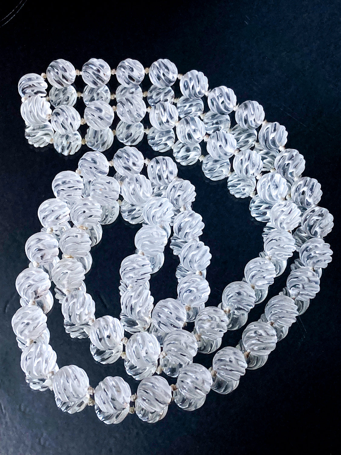 Spiral Carved Rock Crystal Hand Knotted 32" Long Beaded Rope Necklace