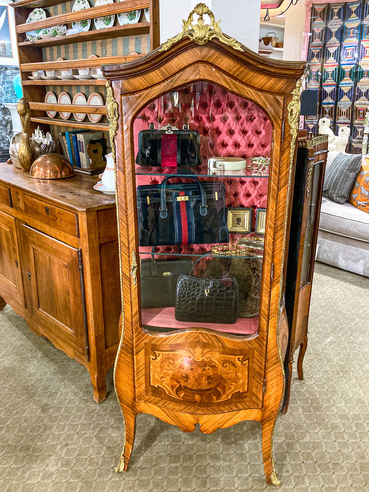 Vintage Louis XV Style Marquetry Inlay Wood Brass Accent Vitrine Curio Cabinet