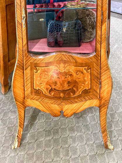 Vintage Louis XV Style Marquetry Inlay Wood Brass Accent Vitrine Curio Cabinet