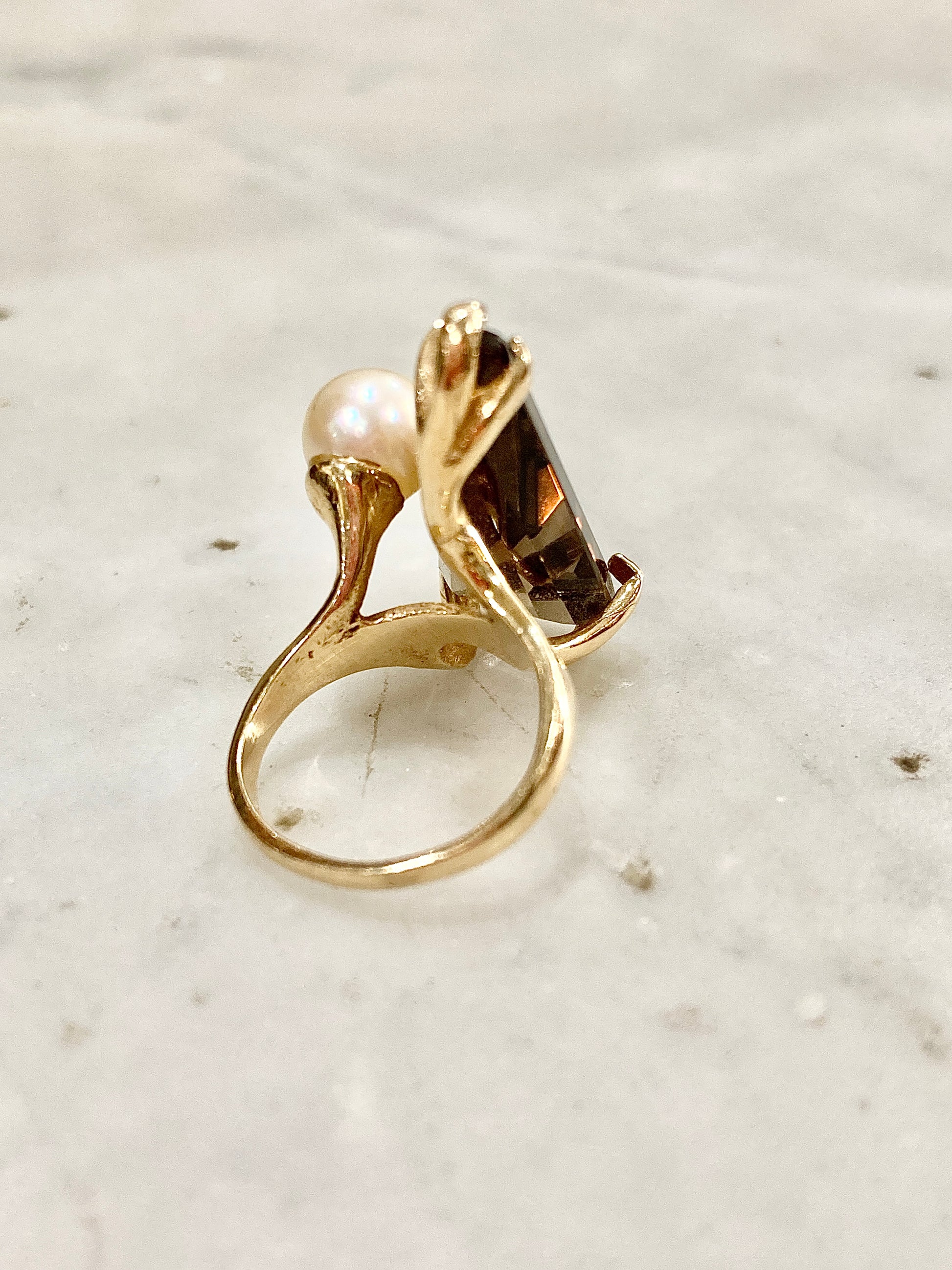 Vintage MCM 14K Yellow Gold Smokey Topaz Cultured Pearl Abstract Ring