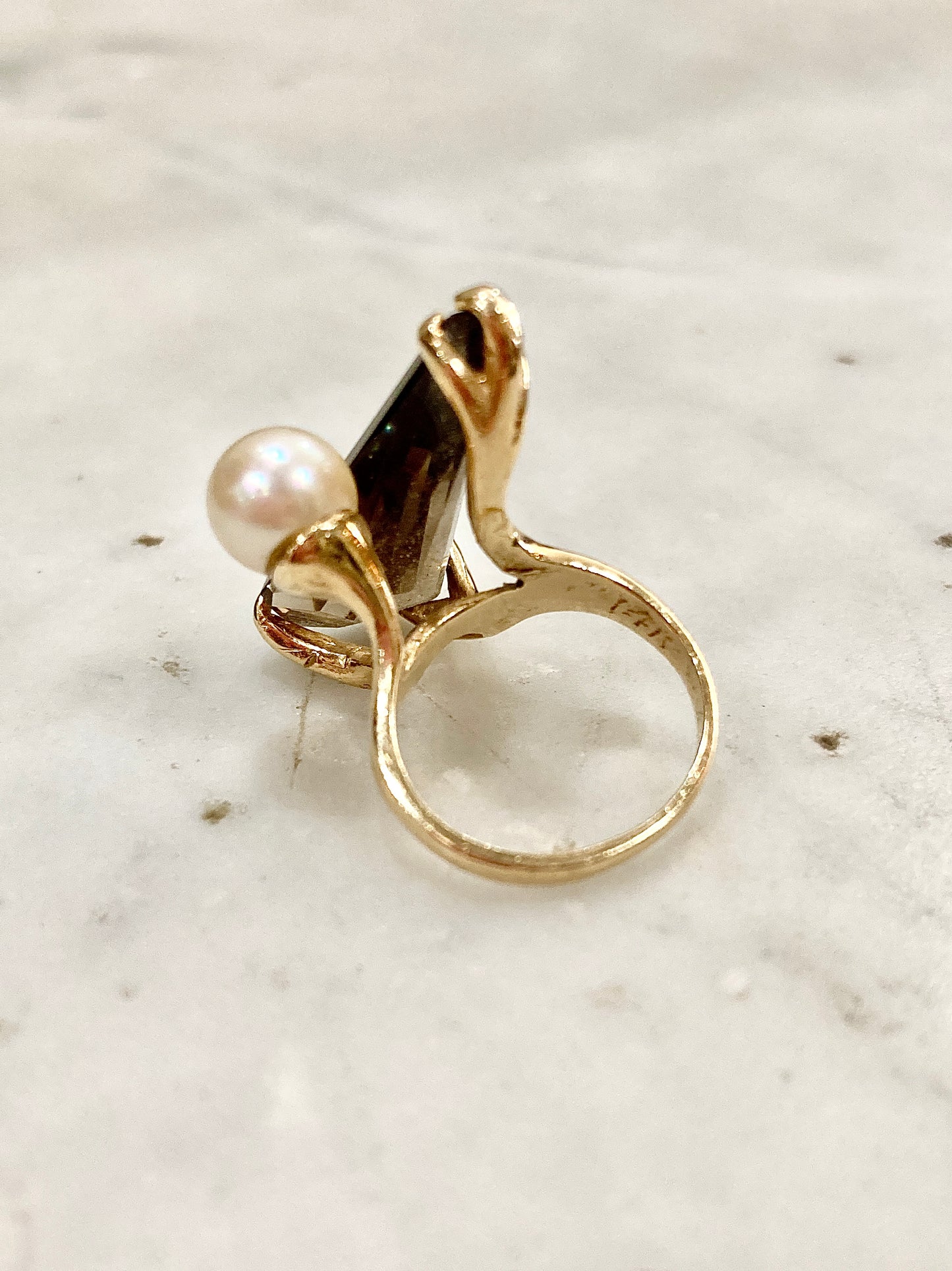 Vintage MCM 14K Yellow Gold Smokey Topaz Cultured Pearl Abstract Ring