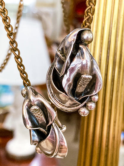 Vintage Danish Modern Style Sterling Silver Double Calla Lily Bouquet Post Earrings