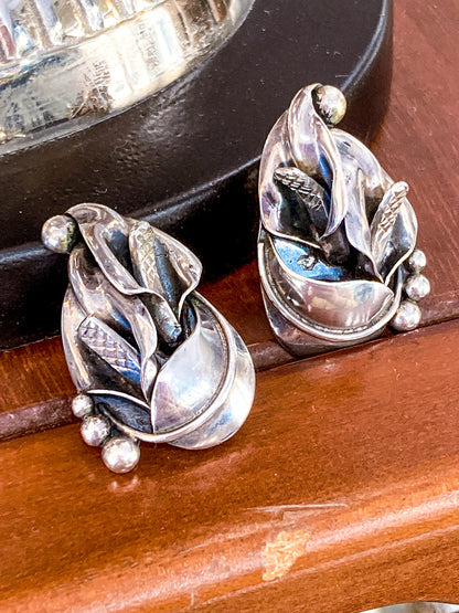Vintage Danish Modern Style Sterling Silver Double Calla Lily Bouquet Post Earrings