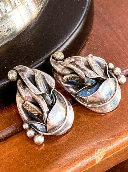 Vintage Danish Modern Style Sterling Silver Double Calla Lily Bouquet Post Earrings