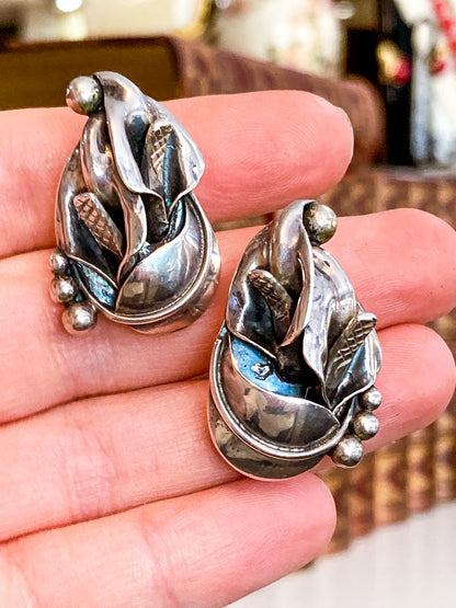 Vintage Danish Modern Style Sterling Silver Double Calla Lily Bouquet Post Earrings
