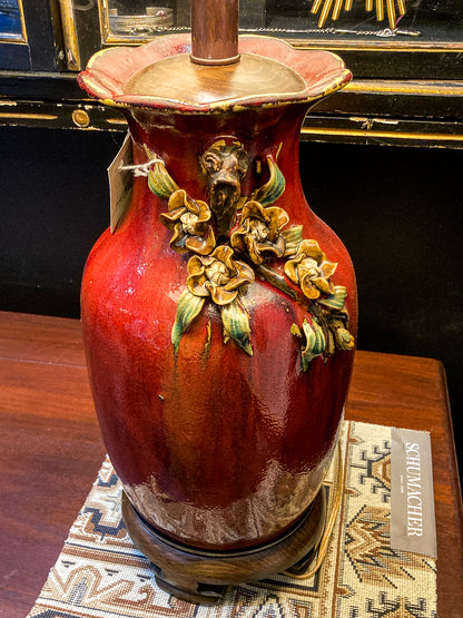 Vintage Frederick Cooper Red Dimensional Floral Blossom Ceramic Table Lamp