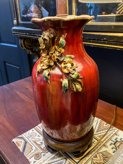 Vintage Frederick Cooper Red Dimensional Floral Blossom Ceramic Table Lamp