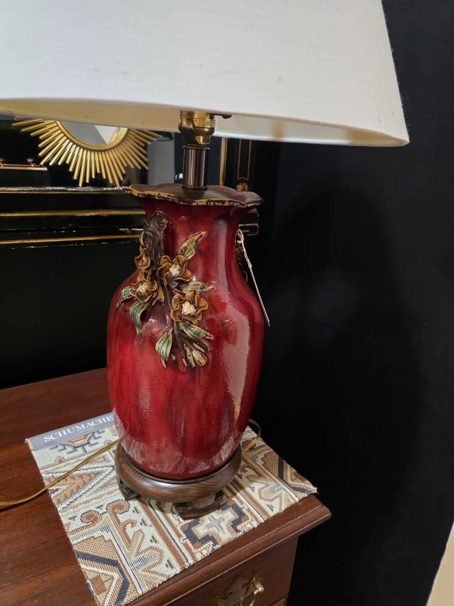 Vintage Frederick Cooper Red Dimensional Floral Blossom Ceramic Table Lamp