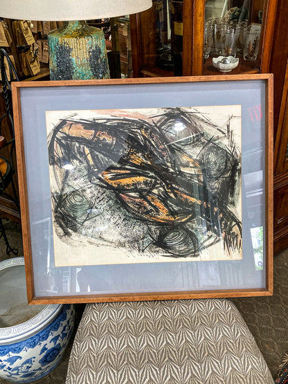 Vintage MCM Gestural Abstract Expressive Mixed Media Framed Paper Drawing