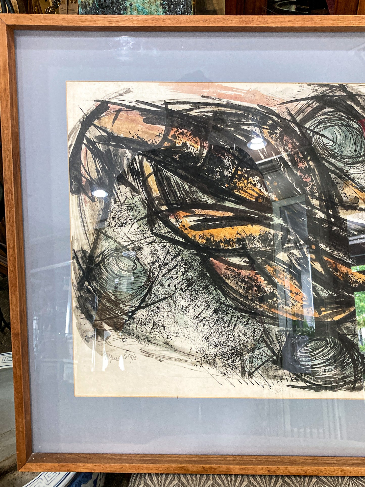 Vintage MCM Gestural Abstract Expressive Mixed Media Framed Paper Drawing
