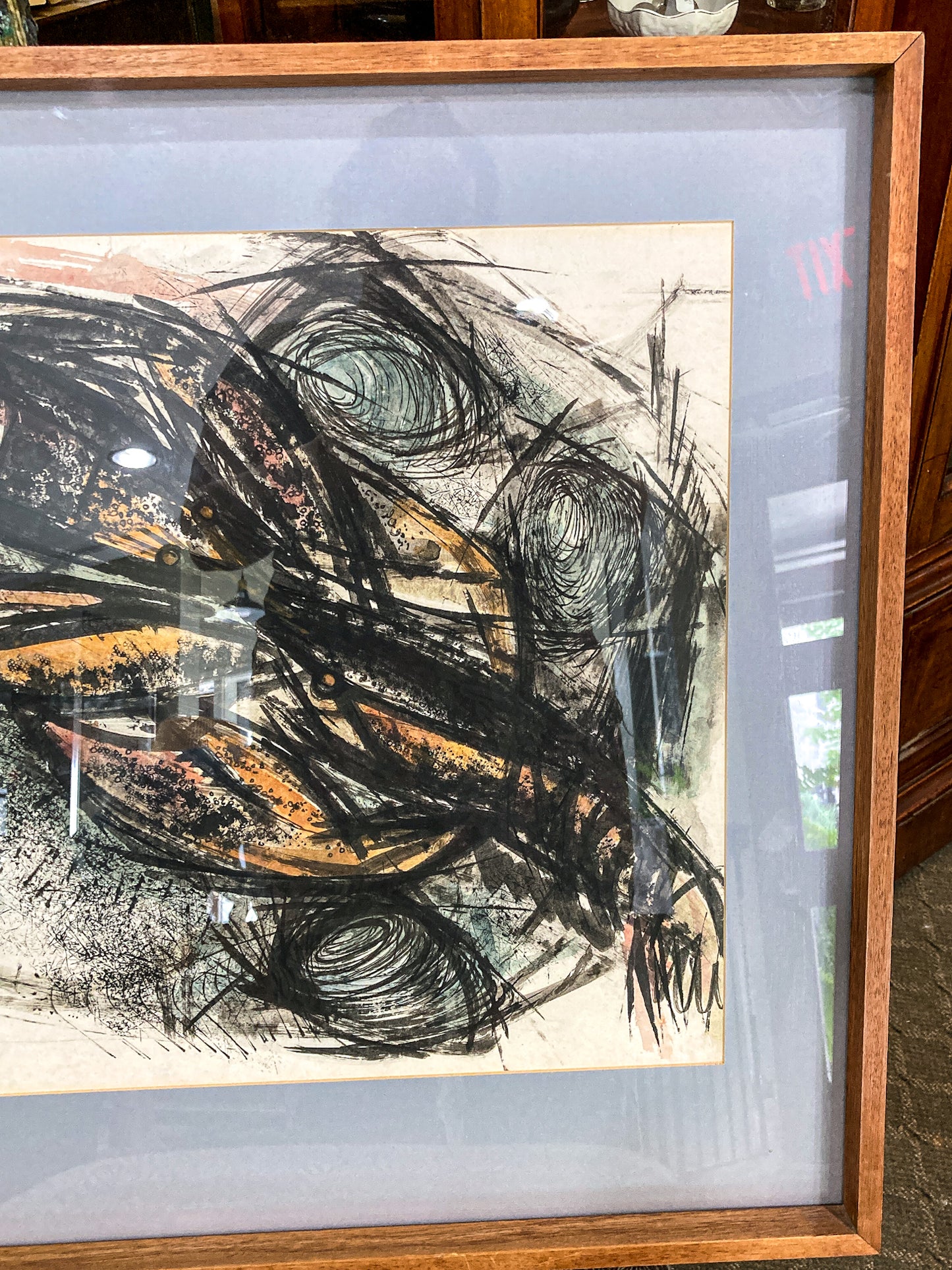 Vintage MCM Gestural Abstract Expressive Mixed Media Framed Paper Drawing
