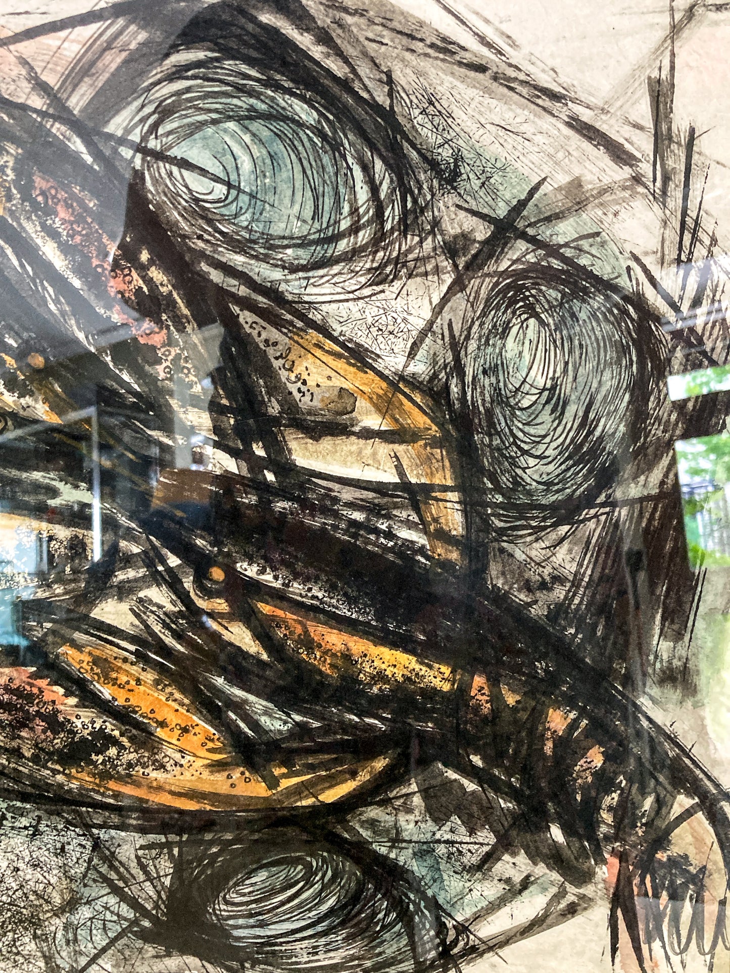 Vintage MCM Gestural Abstract Expressive Mixed Media Framed Paper Drawing