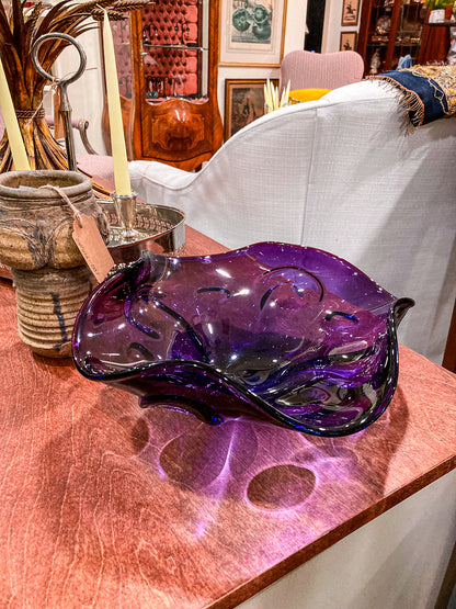 Vintage Midcentury Modern Handblown Purple Glass Asymmetric Bowl