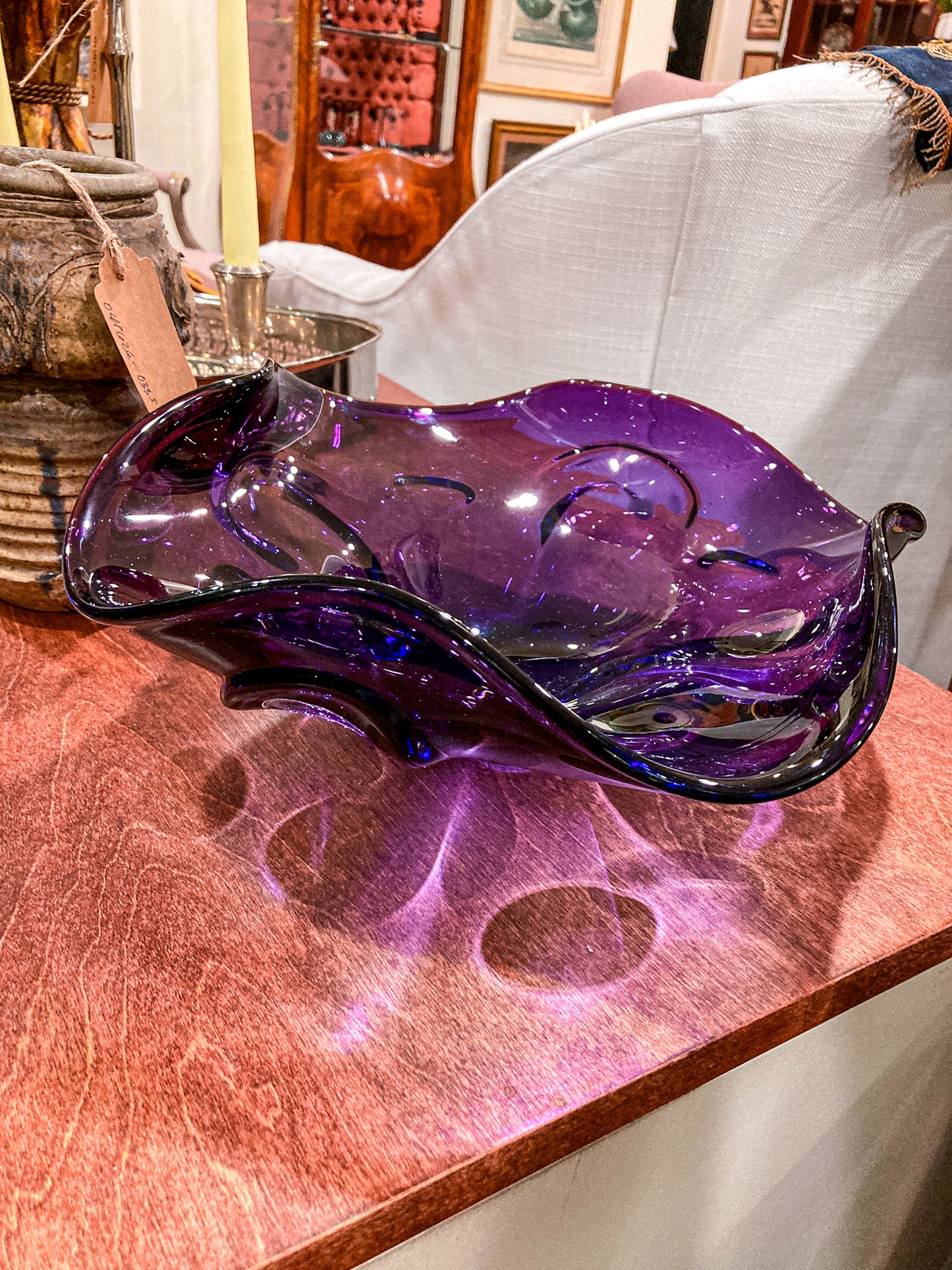 Vintage Midcentury Modern Handblown Purple Glass Asymmetric Bowl