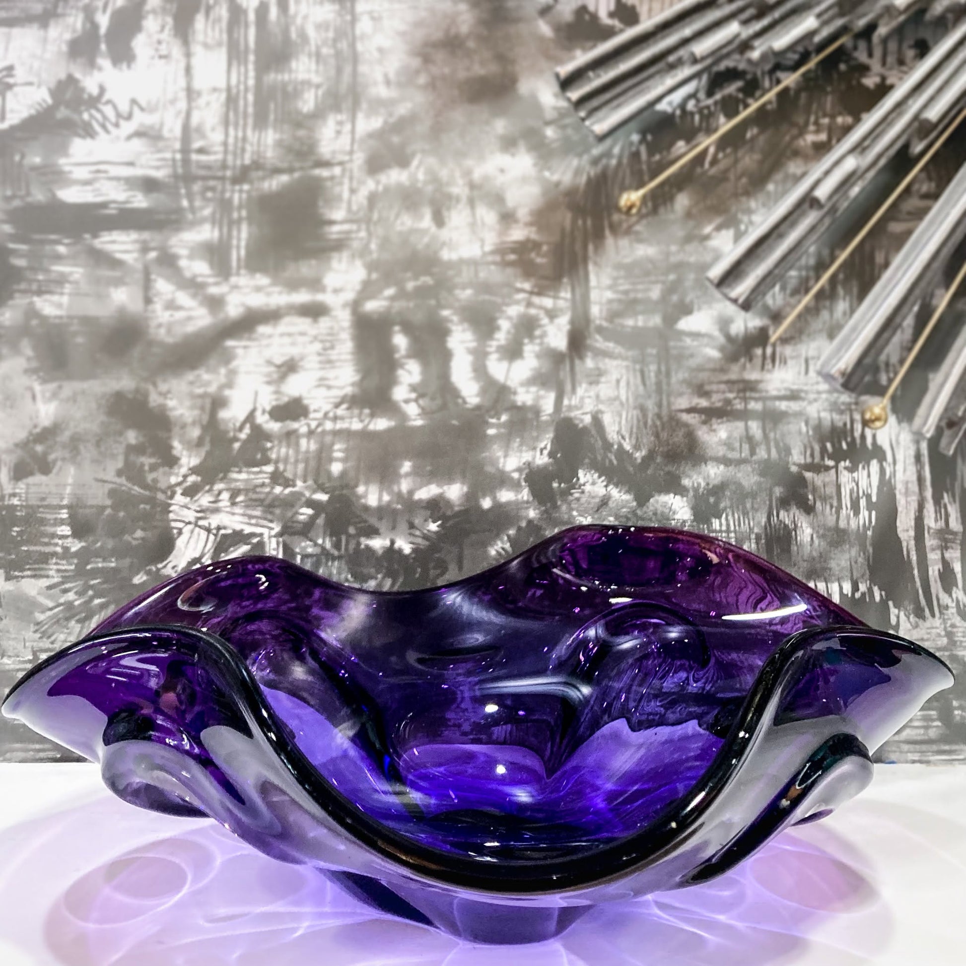 Vintage Midcentury Modern Handblown Purple Glass Asymmetric Bowl