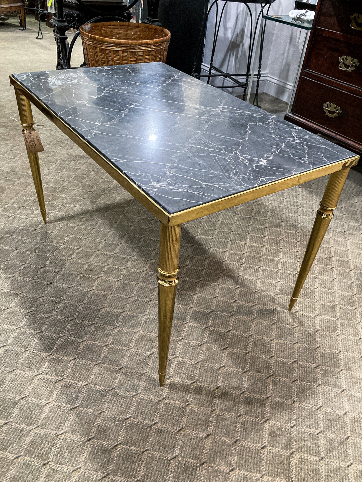 Vintage MCM Hollywood Regency Style Brass Black Marble Cocktail Coffee Table 