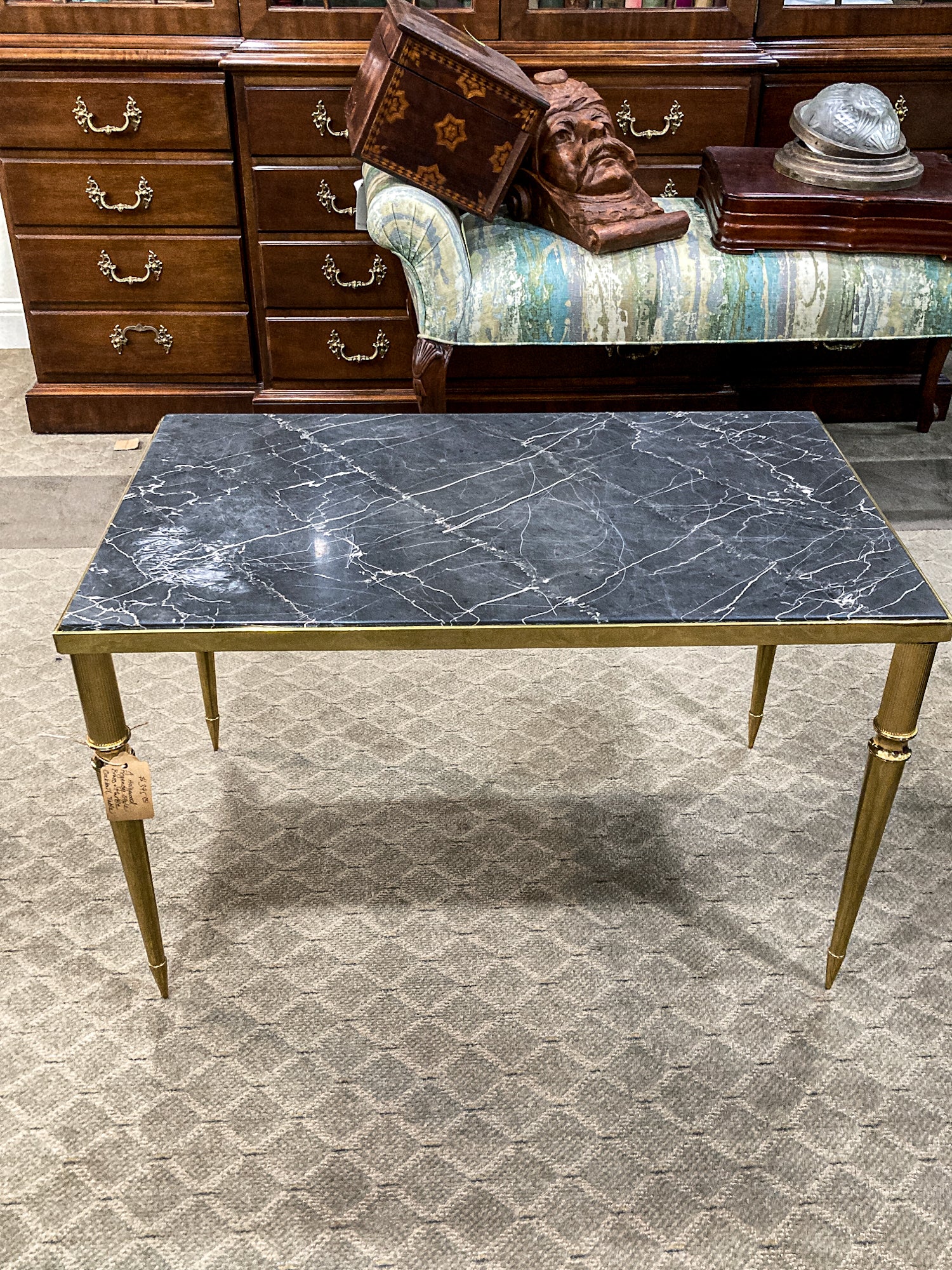 Vintage MCM Hollywood Regency Style Brass Black Marble Cocktail Coffee Table 
