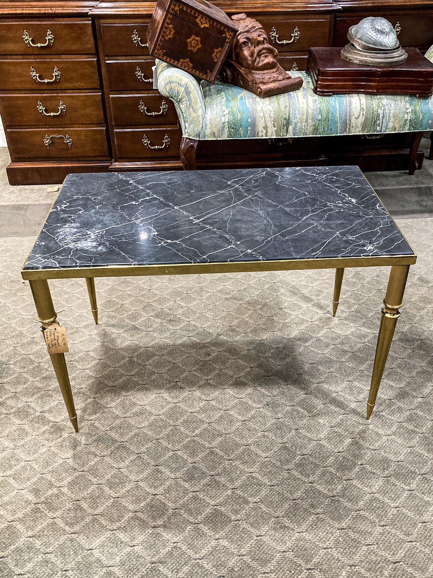 Vintage MCM Hollywood Regency Style Brass Black Marble Cocktail Coffee Table 