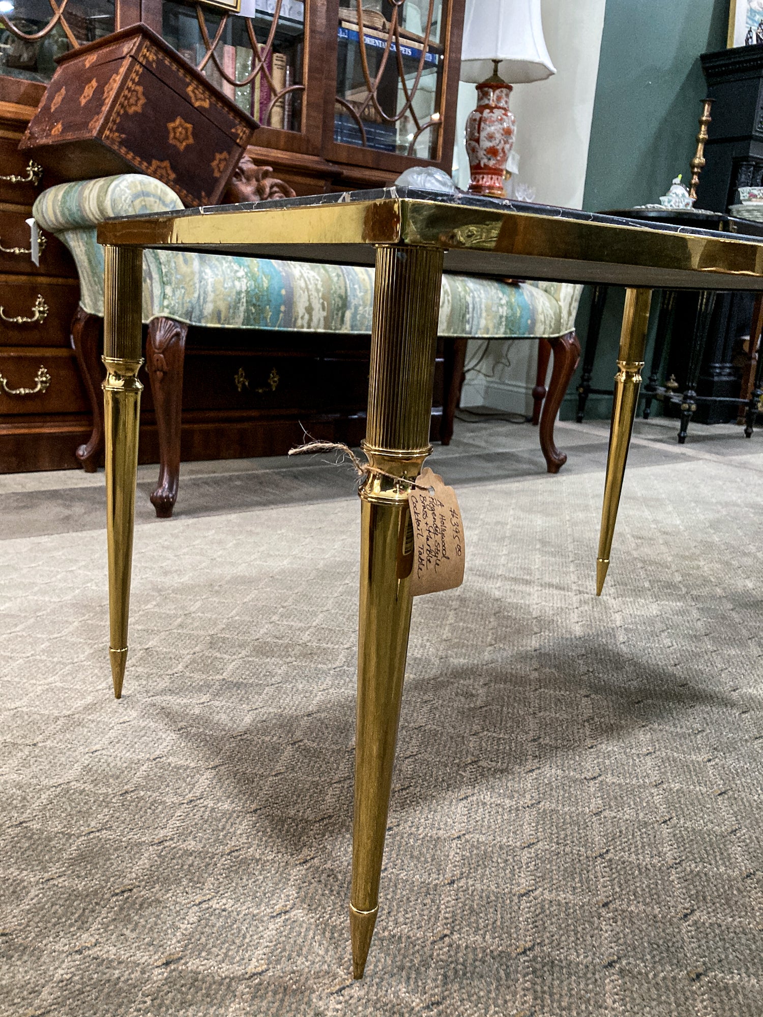 Vintage MCM Hollywood Regency Style Brass Black Marble Cocktail Coffee Table 