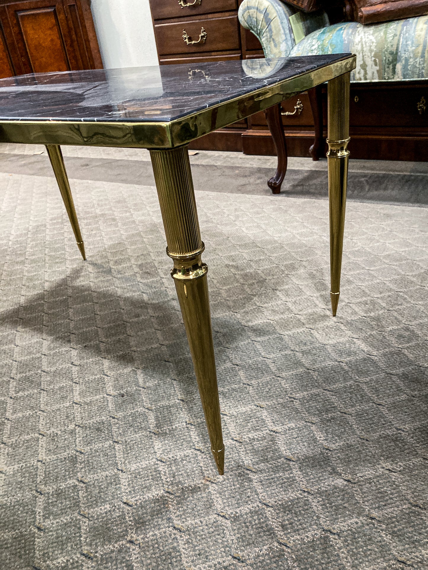 Vintage MCM Hollywood Regency Style Brass Black Marble Cocktail Coffee Table 