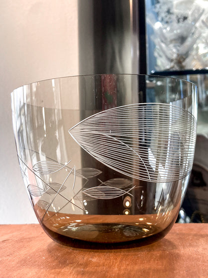 Vintage MCM Kaj Franck Finnish Fish Pattern Etched Green Gray Glass Bowl