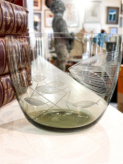 Vintage MCM Kaj Franck Finnish Fish Pattern Etched Green Gray Glass Bowl