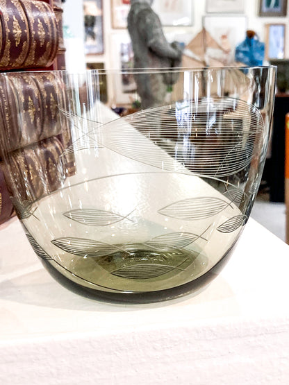 Vintage MCM Kaj Franck Finnish Fish Pattern Etched Green Gray Glass Bowl
