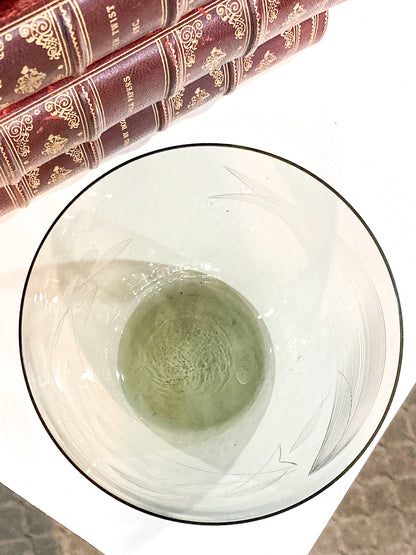 Vintage MCM Kaj Franck Finnish Fish Pattern Etched Green Gray Glass Bowl