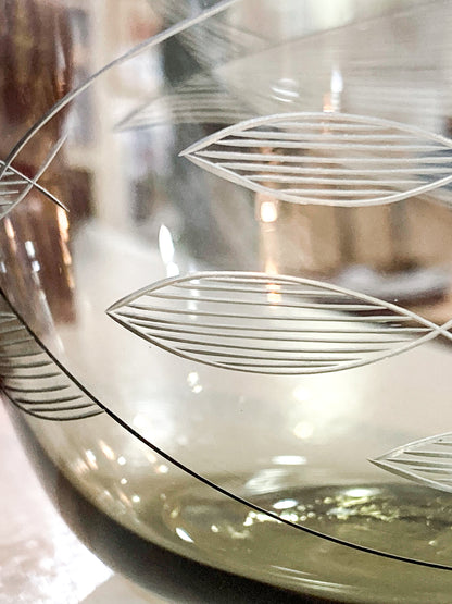 Vintage MCM Kaj Franck Finnish Fish Pattern Etched Green Gray Glass Bowl