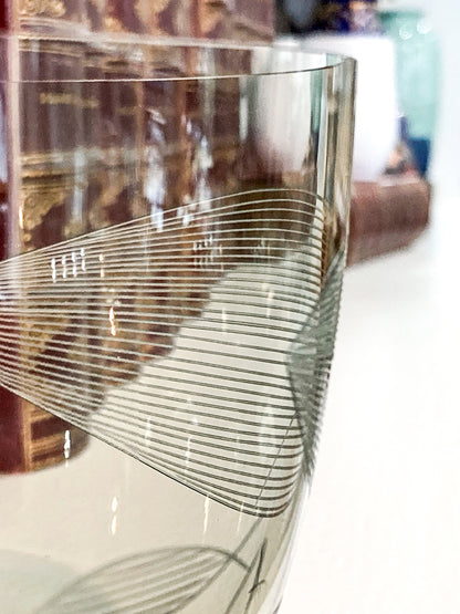 Vintage MCM Kaj Franck Finnish Fish Pattern Etched Green Gray Glass Bowl