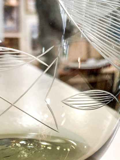 Vintage MCM Kaj Franck Finnish Fish Pattern Etched Green Gray Glass Bowl