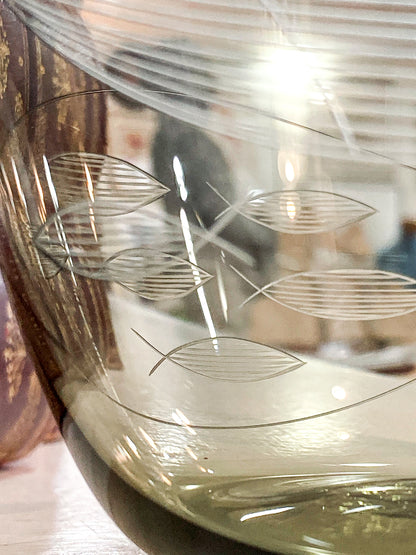 Vintage MCM Kaj Franck Finnish Fish Pattern Etched Green Gray Glass Bowl