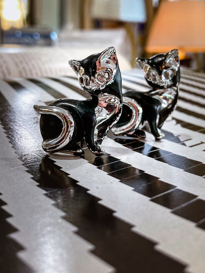 Vintage MCM Kitsch Silver Chrome Enameled Black Cat Cufflink Pair