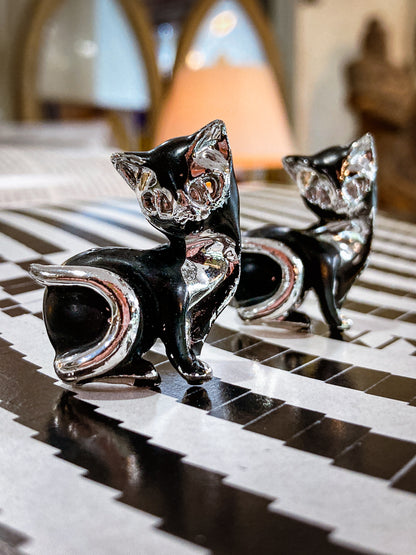 Vintage MCM Kitsch Silver Chrome Enameled Black Cat Cufflink Pair