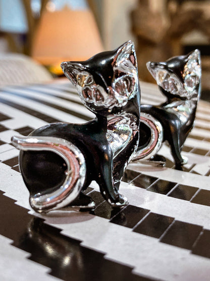 Vintage MCM Kitsch Silver Chrome Enameled Black Cat Cufflink Pair