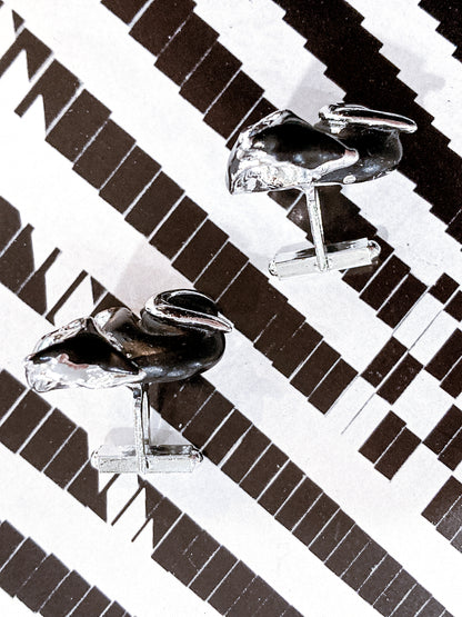 Vintage MCM Kitsch Silver Chrome Enameled Black Cat Cufflink Pair