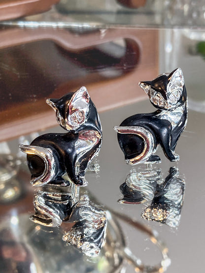 Vintage MCM Kitsch Silver Chrome Enameled Black Cat Cufflink Pair