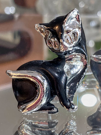 Vintage MCM Kitsch Silver Chrome Enameled Black Cat Cufflink Pair