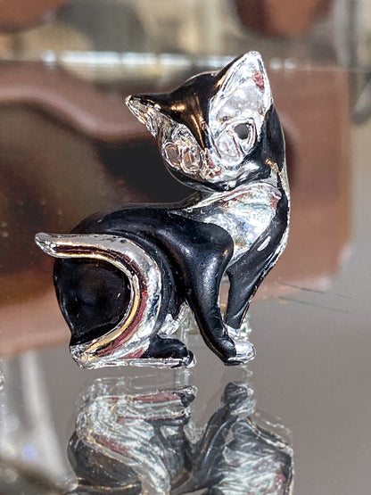 Vintage MCM Kitsch Silver Chrome Enameled Black Cat Cufflink Pair