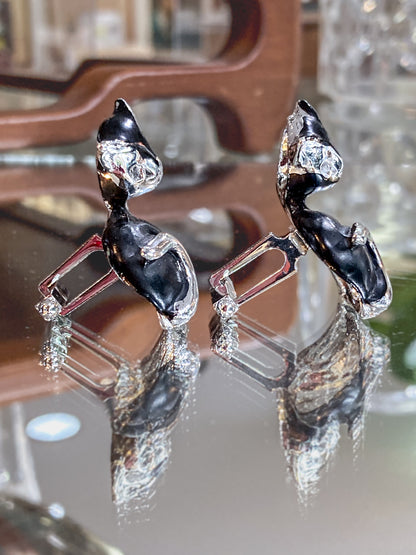 Vintage MCM Kitsch Silver Chrome Enameled Black Cat Cufflink Pair