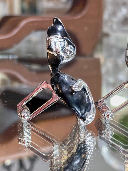 Vintage MCM Kitsch Silver Chrome Enameled Black Cat Cufflink Pair