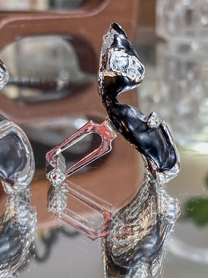 Vintage MCM Kitsch Silver Chrome Enameled Black Cat Cufflink Pair