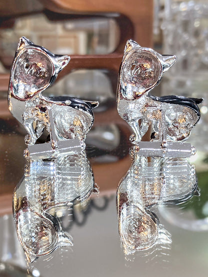 Vintage MCM Kitsch Silver Chrome Enameled Black Cat Cufflink Pair