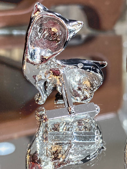 Vintage MCM Kitsch Silver Chrome Enameled Black Cat Cufflink Pair