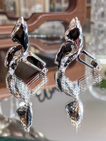 Vintage MCM Kitsch Silver Chrome Enameled Black Cat Cufflink Pair