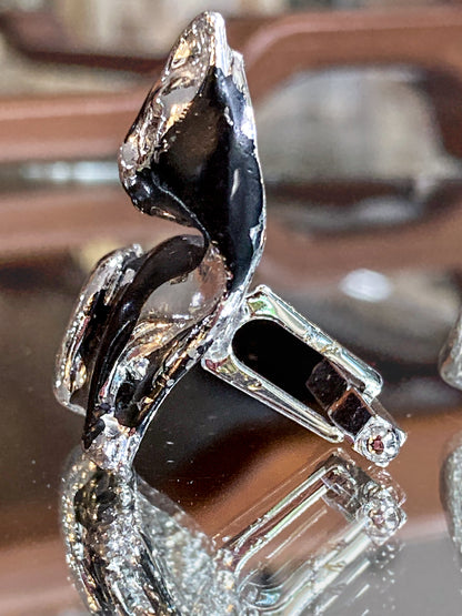 Vintage MCM Kitsch Silver Chrome Enameled Black Cat Cufflink Pair