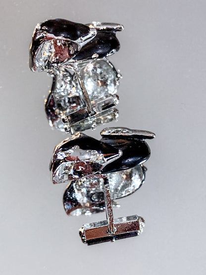 Vintage MCM Kitsch Silver Chrome Enameled Black Cat Cufflink Pair