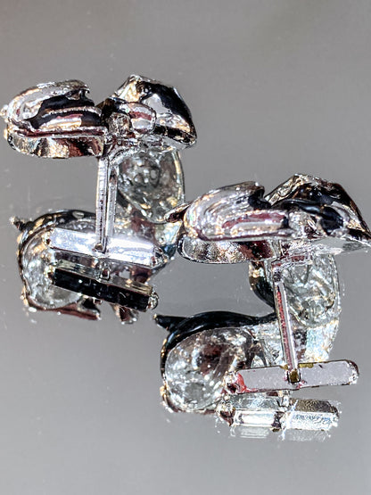 Vintage MCM Kitsch Silver Chrome Enameled Black Cat Cufflink Pair