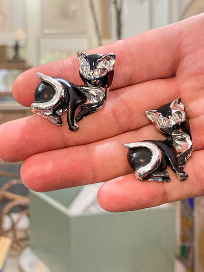 Vintage MCM Kitsch Silver Chrome Enameled Black Cat Cufflink Pair